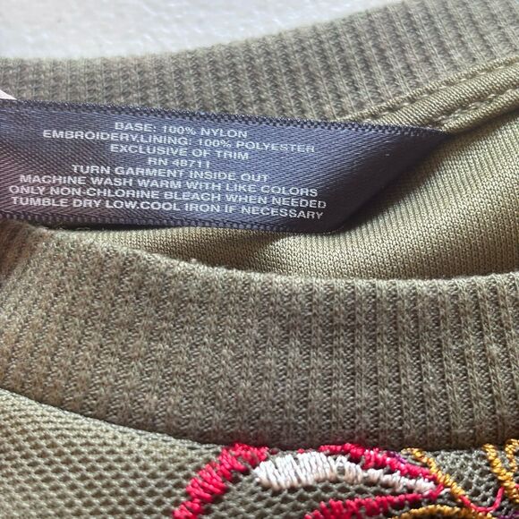 Massini Olive Green Mesh Women's Top Multicolor Floral Embroidery Layered Size S - Picture 9 of 10